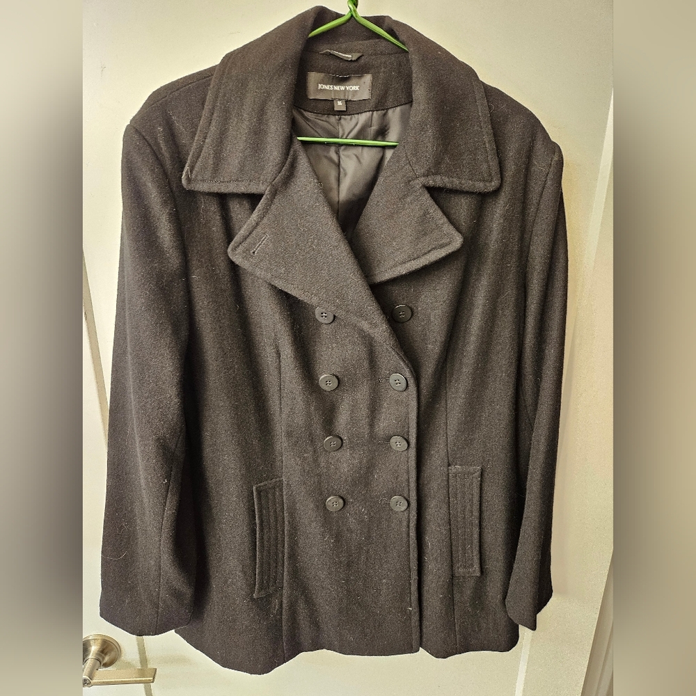 NWOT - Jones New York Wool Blend Black Pea Coat - Size 16